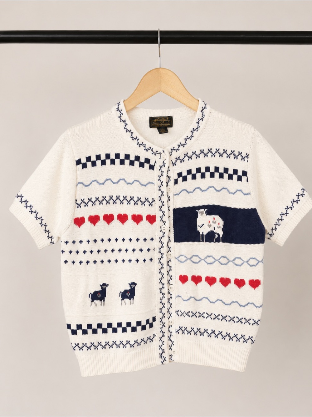 Eddie Bauer White Knit Cardigan with Navy & Red Motifs